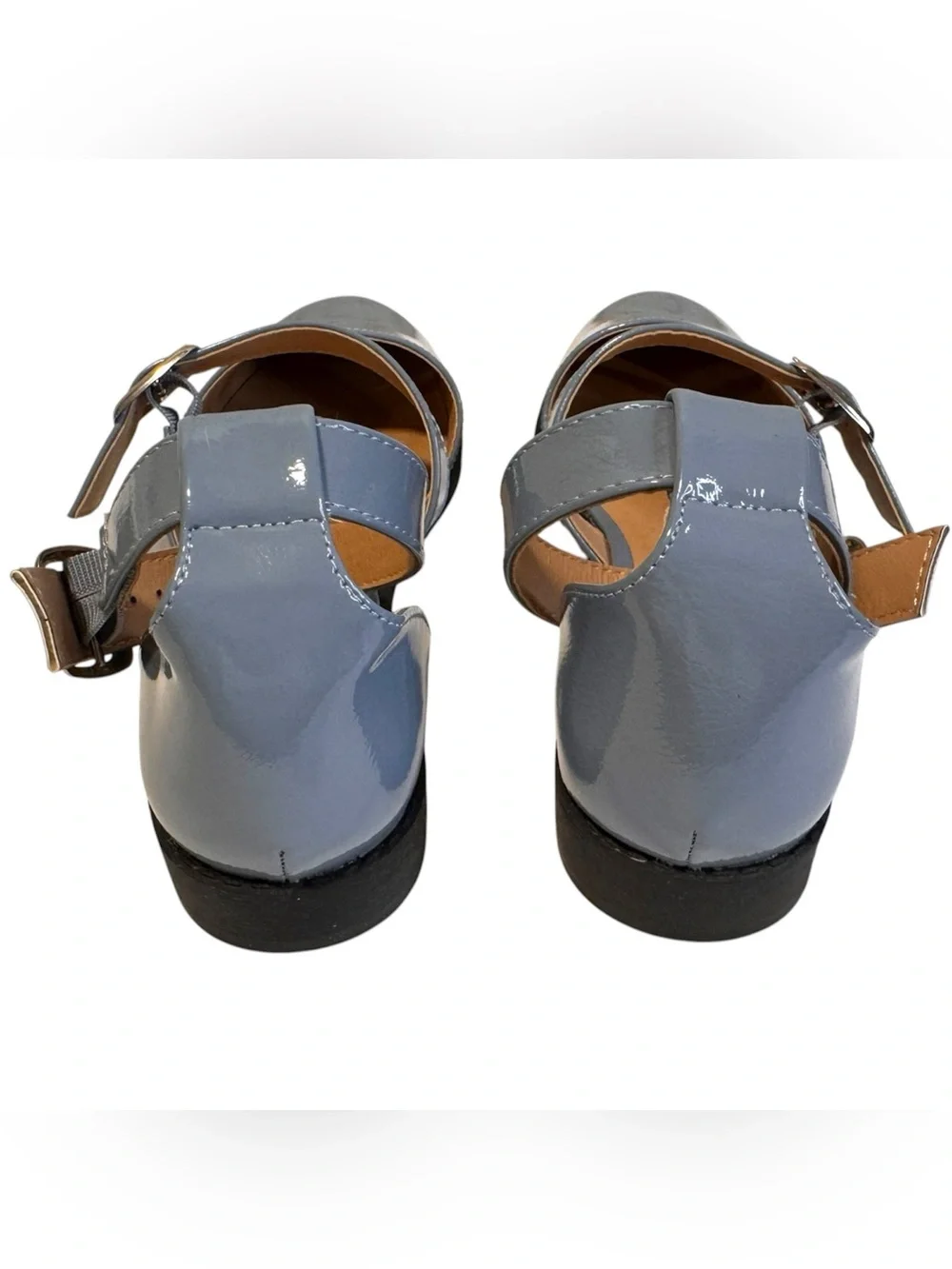 Journee Collection Gray-Blue Patent Mary Jane Flats with Ankle Strap